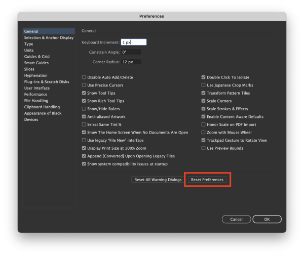 Reset Preferences button in Illustrator